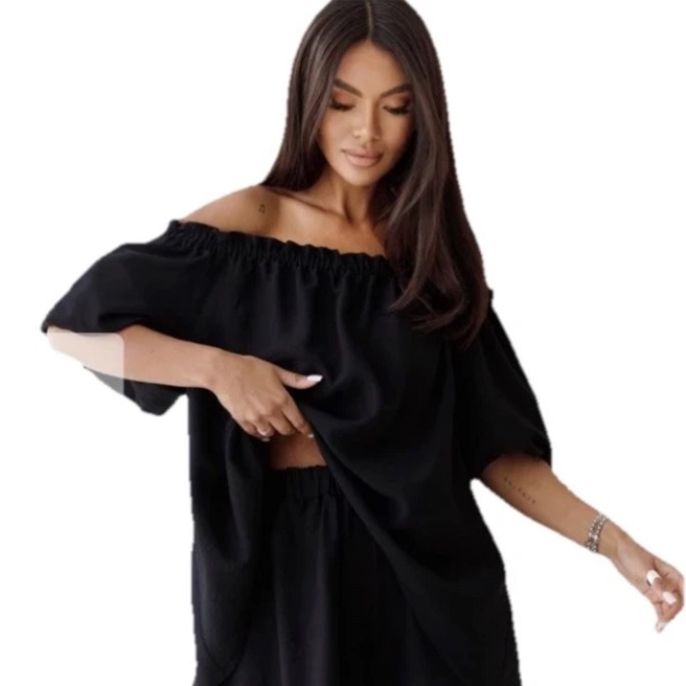 MICHAEL Michael Kors Women’s Black Puff Sleeve Crepe Off Shoulder Blouse L